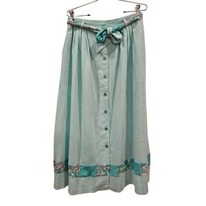 Vintage‎ Napa Valley Women's Green Gingham Floral Trim Maxi Skirt